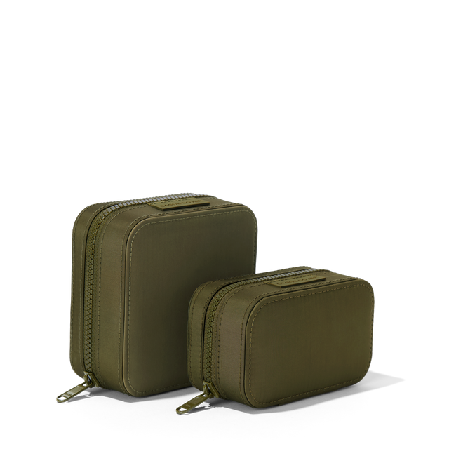 Dagne Dover Small and Large Frankie Jewelry Cases in dark dark green standing next to one another.