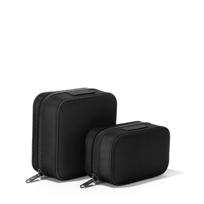 Dagne Dover Small and Large Frankie Jewelry Cases in black standing next to one another.