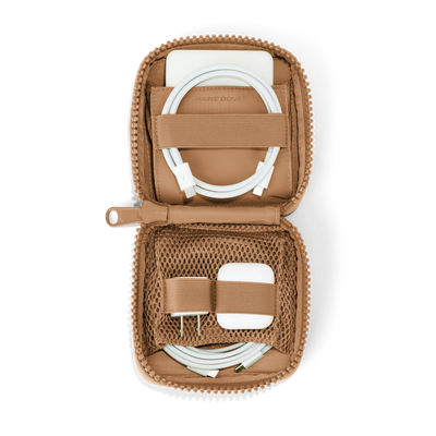 hover - Dagne Dover small Arlo Tech Organizer in camel brown unzipped, revealing the interior elastic loops and airmesh pockets.