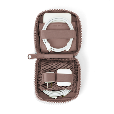 hover - Dagne Dover small Arlo Tech Organizer in pink unzipped, revealing the interior elastic loops and airmesh pockets.