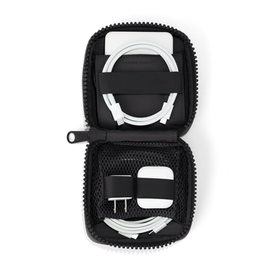 hover - Dagne Dover small Arlo Tech Organizer in black unzipped, revealing the interior elastic loops and airmesh pockets.