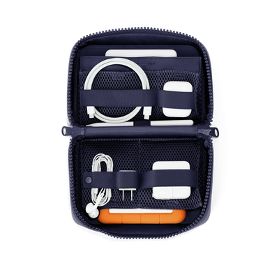 hover - Dagne Dover large Arlo Tech Organizer in dark blue unzipped, revealing the interior elastic loops and airmesh pockets.