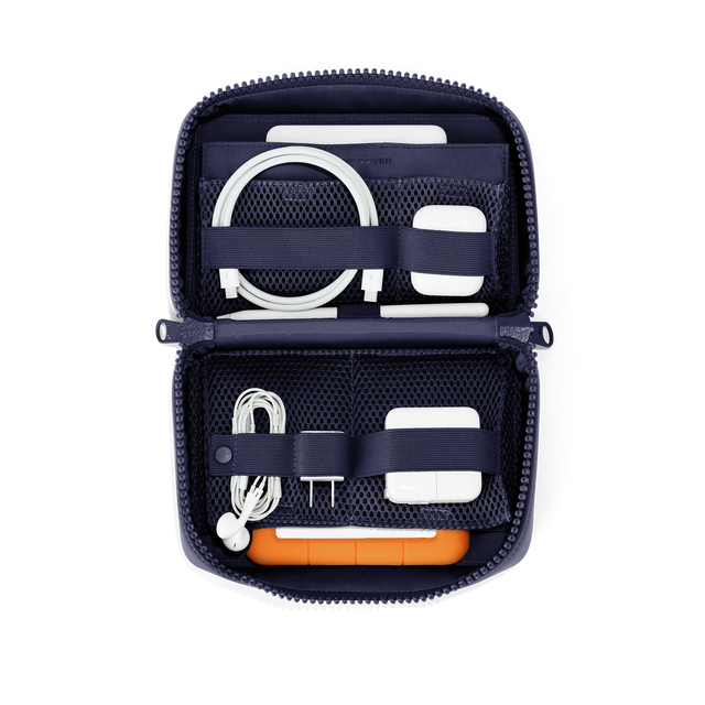 hover - Dagne Dover large Arlo Tech Organizer in dark blue unzipped, revealing the interior elastic loops and airmesh pockets.