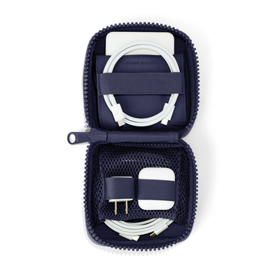 hover - Dagne Dover small Arlo Tech Organizer in dark blue unzipped, revealing the interior elastic loops and airmesh pockets.