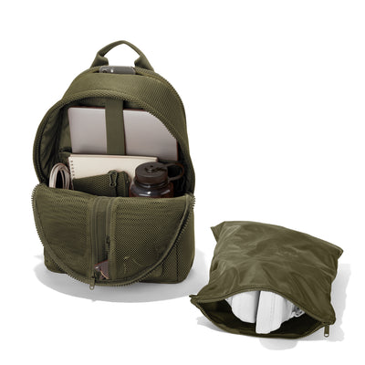 Dagne Dover large Dakota airmesh Backpack in dark green unzipped, showing the interior pockets and shoe bag.