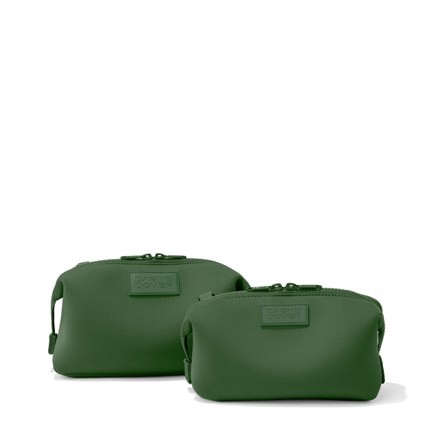 Dagne Dover Small and Large Hunter Toiletry Bags in a rich, classic forest green.
