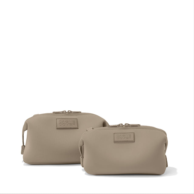 Dagne Dover Small and Large Hunter Toiletry Bags in khaki.