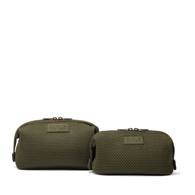 Dagne Dover Small and Large Hunter Toiletry Bags in dark green air mesh.