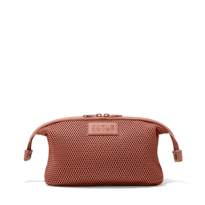 Dagne Dover Large Hunter Toiletry Bag in warm dust pink air mesh with sides unclipped.