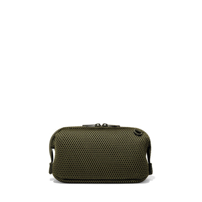 Dagne Dover Small Hunter Toiletry Bag in dark green air mesh seen from the back.