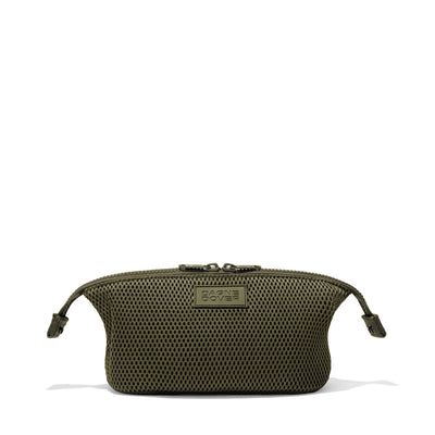 Dagne Dover Small Hunter Toiletry Bag in dark green air mesh with sides unclipped.