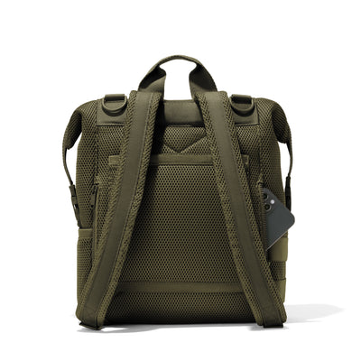 Dagne Dover Large Indi Diaper Backpack in dark green air mesh seen from the back.