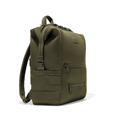 Dagne Dover Large Indi Diaper Backpack in dark green air mesh seen from an angle.