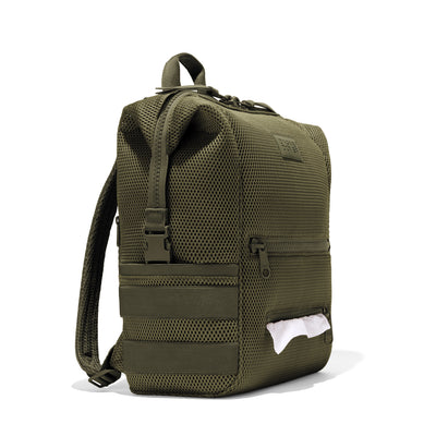 Dagne Dover Large Indi Diaper Backpack in dark green air mesh showing the zipper opening for easy access wipes.