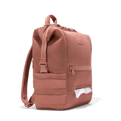 Dagne Dover Large Indi Diaper Backpack in dust pink air mesh showing the zipper opening for easy access wipes.