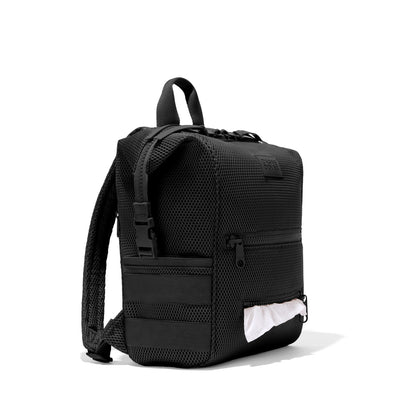 Dagne Dover Medium Indi Diaper Backpack in black air mesh showing the zipper opening for easy access wipes.