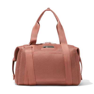 Large Landon Carryall in warm dust pink air mesh, displaying an exterior phone pocket