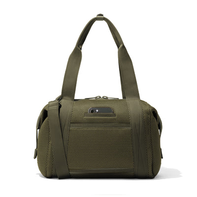 Medium Landon Carryall in dark green air mesh, displaying an exterior phone pocket