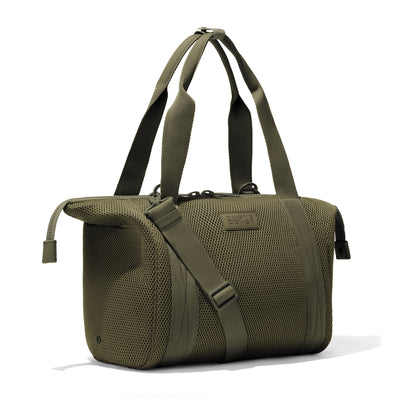 Medium Landon Carryall in dark green air mesh with zippers unbuckled