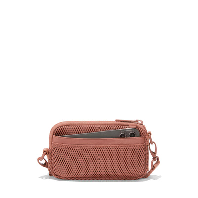 Dagne Dover Mara Phone Sling in warm dust pink air mesh showing the exterior air mesh slip.