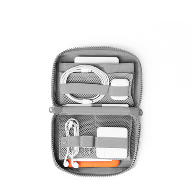 hover - Dagne Dover large Arlo Tech Organizer in grey unzipped, revealing the interior elastic loops and airmesh pockets.