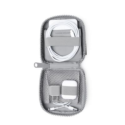 hover - Dagne Dover small Arlo Tech Organizer in grey unzipped, revealing the interior elastic loops and airmesh pockets.