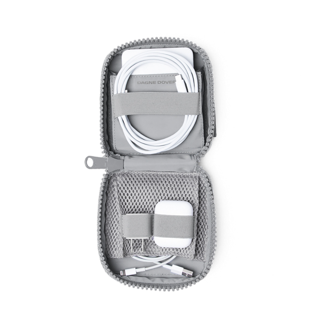 hover - Dagne Dover small Arlo Tech Organizer in grey unzipped, revealing the interior elastic loops and airmesh pockets.