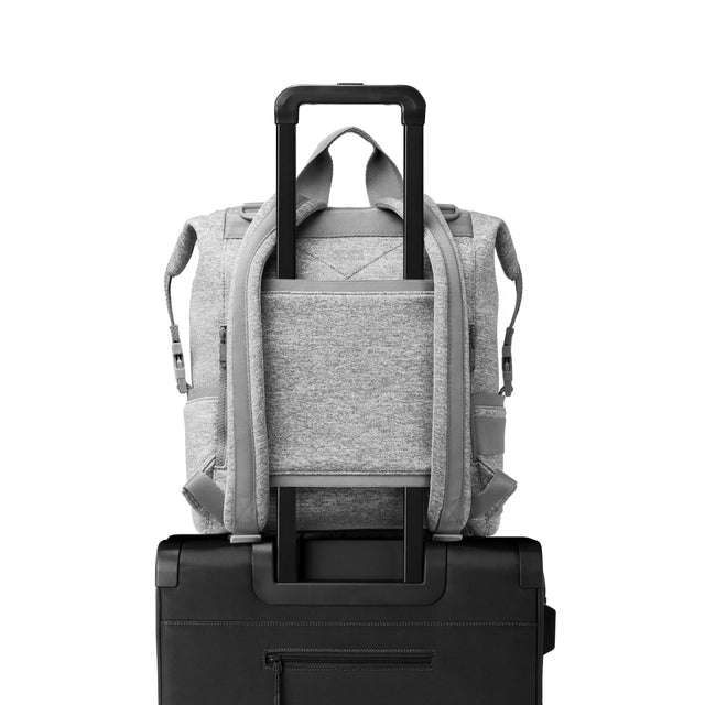 Dagne Dover Large Indi Diaper Backpack in heather grey showing the neoprene luggage sleeve.