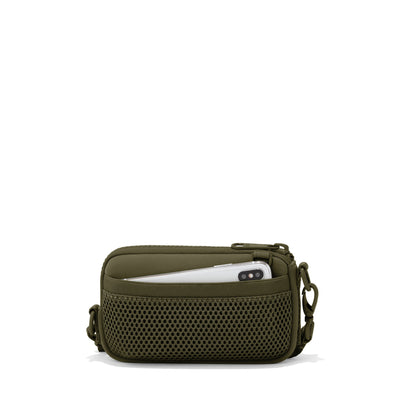 Dagne Dover Mara Phone Sling in dark green showing the exterior air mesh slip.