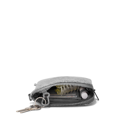 hover - Dagne Dover neoprene Skye Essentials Pouch in grey unzipped, revealing the interior elastic loop, interior air mesh phone pocket, and interior air mesh slip pocket.