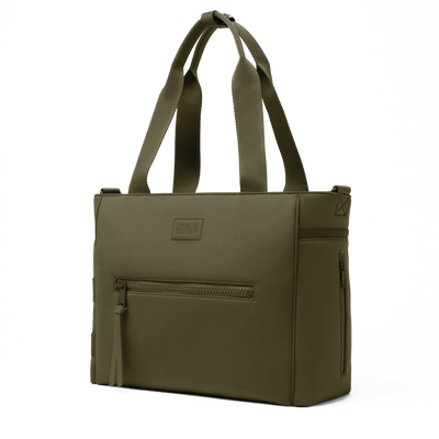 Dagne Dover large Wade Diaper Tote in dark green seen from an angle.