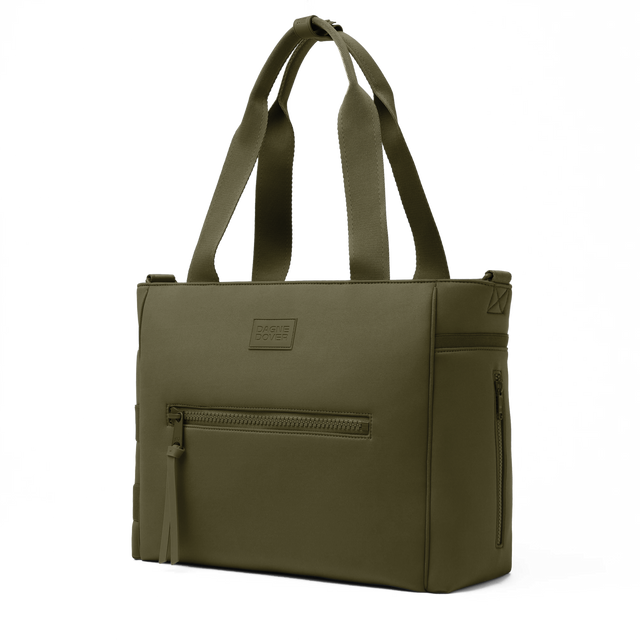 Dagne Dover large Wade Diaper Tote in dark green seen from an angle.