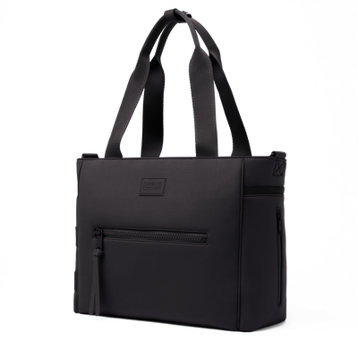 Dagne Dover large Wade Diaper Tote in black seen from an angle.