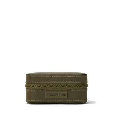 Dagne Dover Small Frankie Jewelry Case in dark dark green seen from the side.