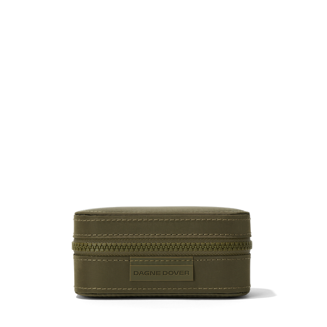 Dagne Dover Small Frankie Jewelry Case in dark dark green seen from the side.