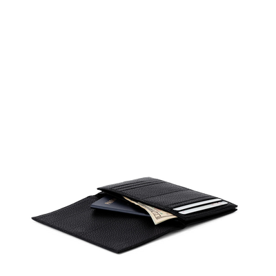 hover - Dagne Dover Accordion Travel Wallet in black opened, revealing the internal card slots and internal gusseted card and passport slots.