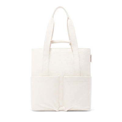 Dagne Dover Pacific Tote in white with the 11 inch shoulder handle and 3.5 inch short handle raised.