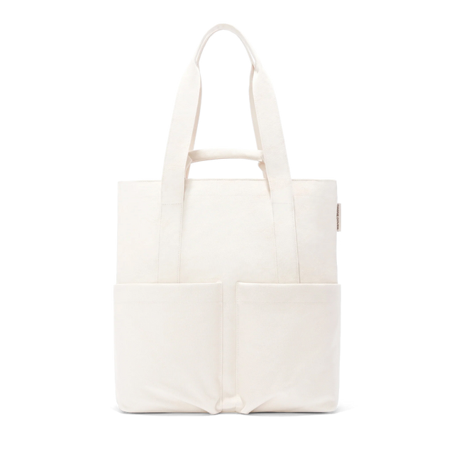 Dagne Dover Pacific Tote in white with the 11 inch shoulder handle and 3.5 inch short handle raised.