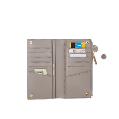 hover - Dagne Dover Slim Wallet in beige unclasped, revealing ten card slots, two additional slip pockets, and four cash pockets.